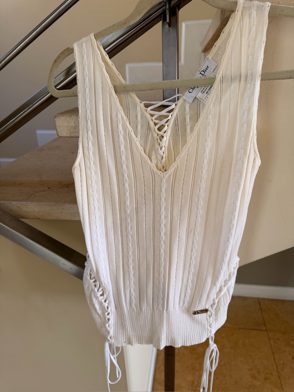 Vintage Dior Ivory Lace-Up Ribbed Knit Tank